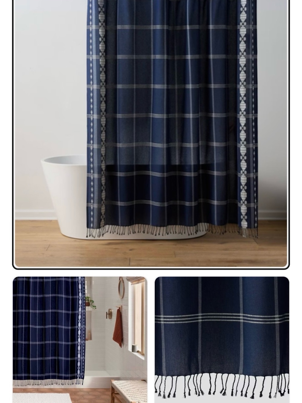 Threshold Navy Plaid Shower Curtain with Fringe